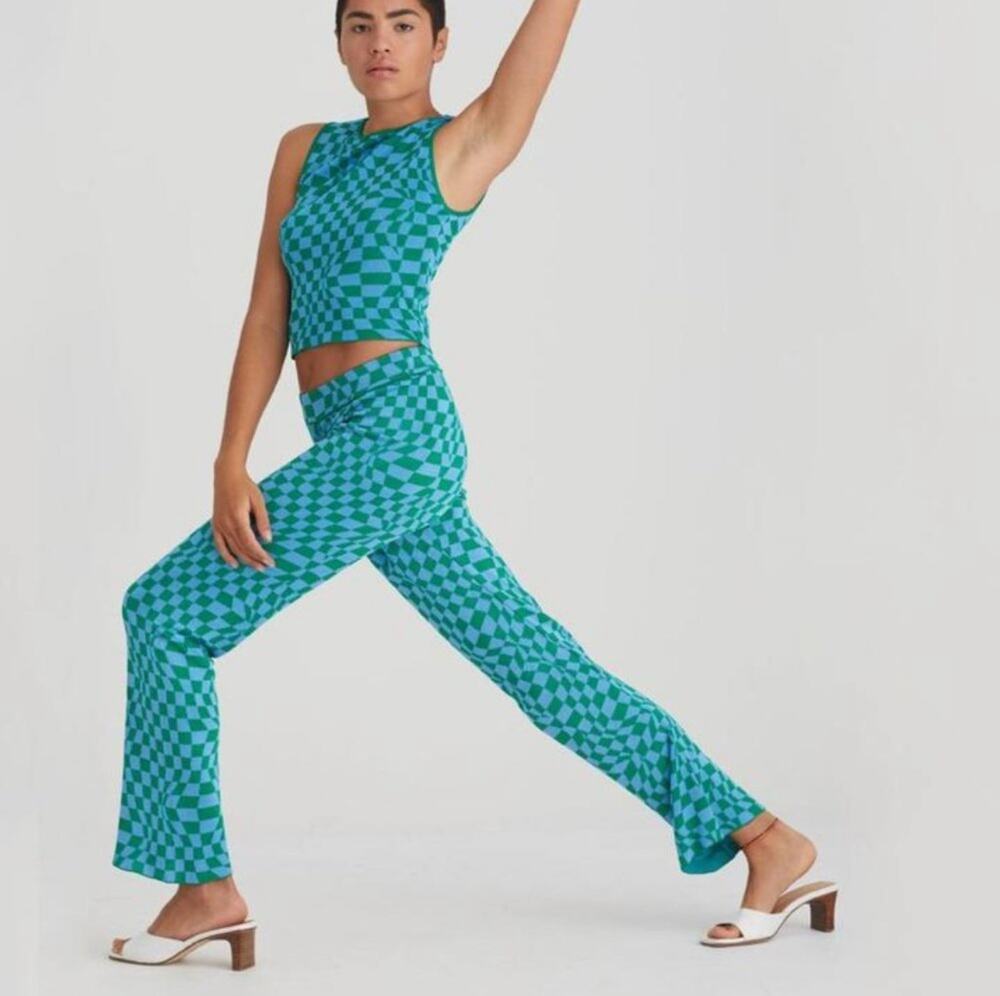 Paloma Wool Teal Checkerboard Crop Top & Flared Pants Set